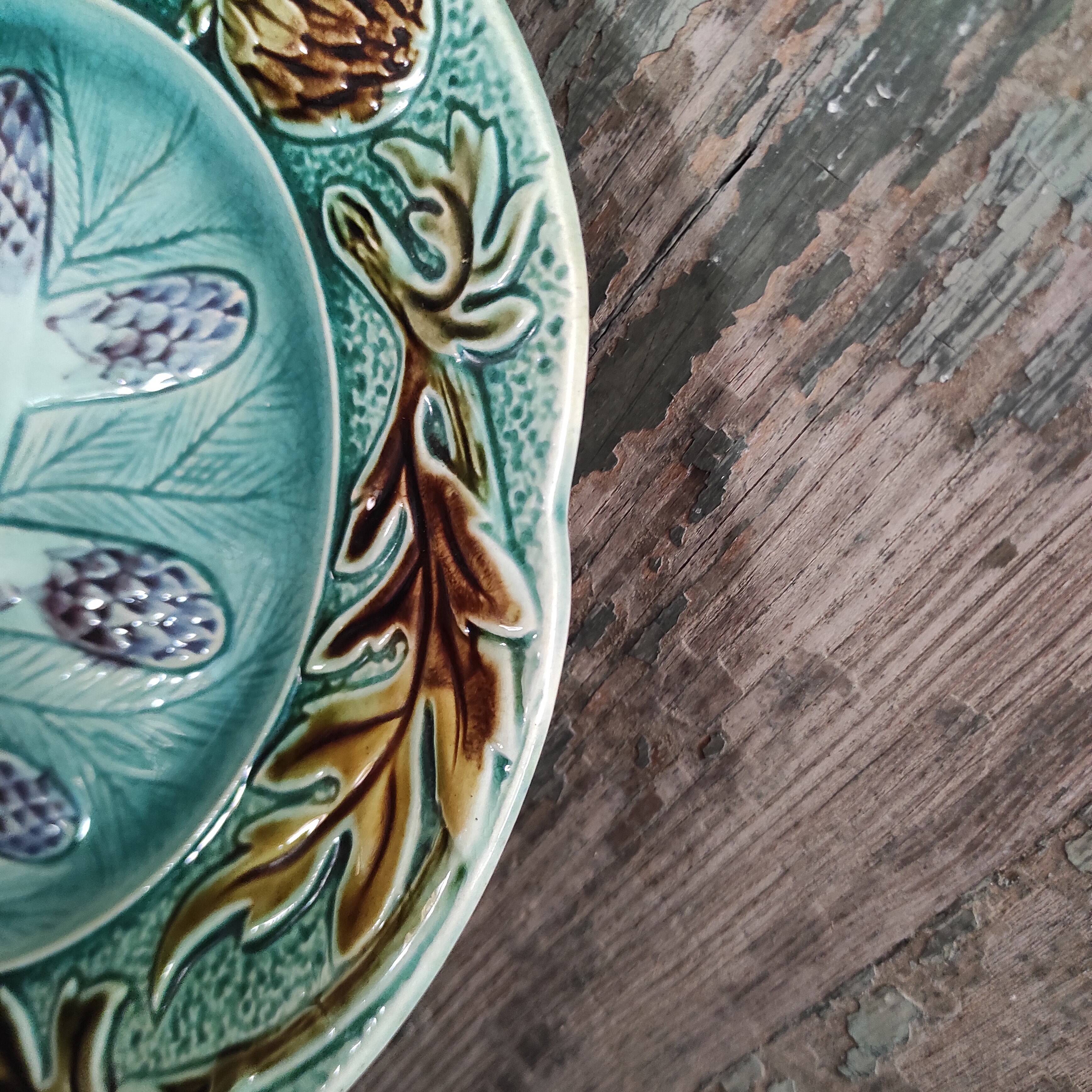 French antique asparagus dish, majolica, barbotine