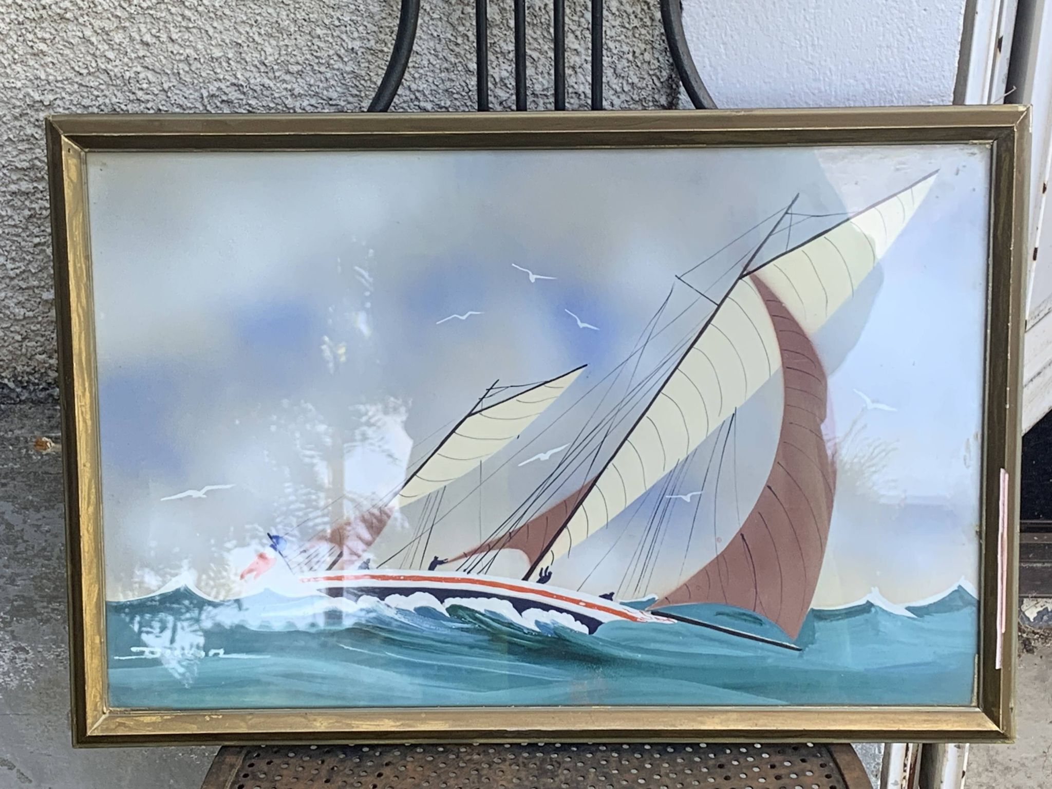 Tableau peinture marine, voilier signe Dorvom, encadre, vintage
