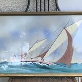Marine painting, sailboat signed Dorvom, framed, vintage
