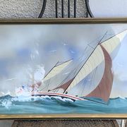 Tableau peinture marine, voilier signe Dorvom, encadre, vintage