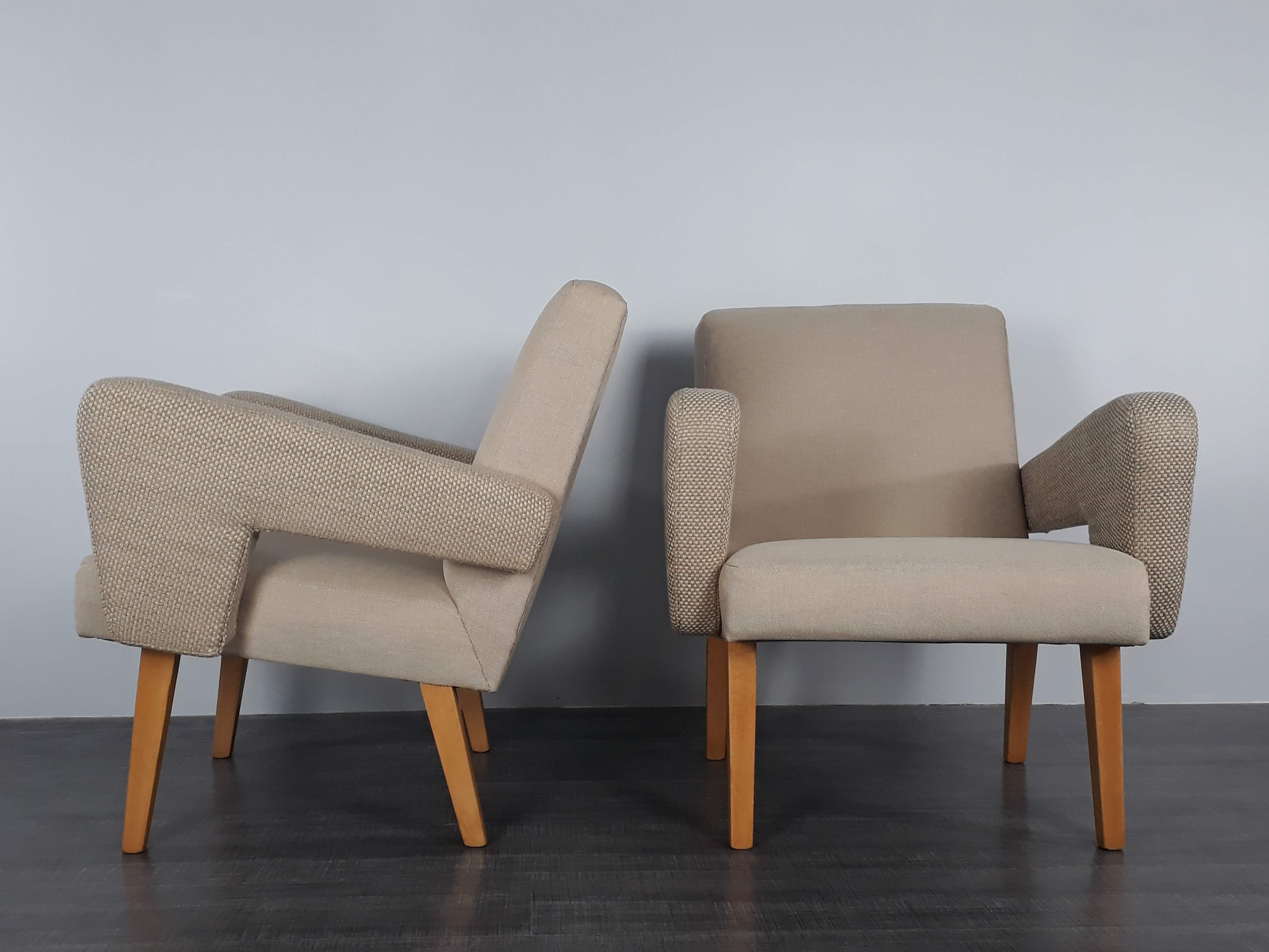 Pair of Jitona armchairs reupholstered Beige Fabric, Czech 1960s