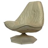 Fauteuil pivotant vintage en cuir crème avec pied octogonal Design 1970