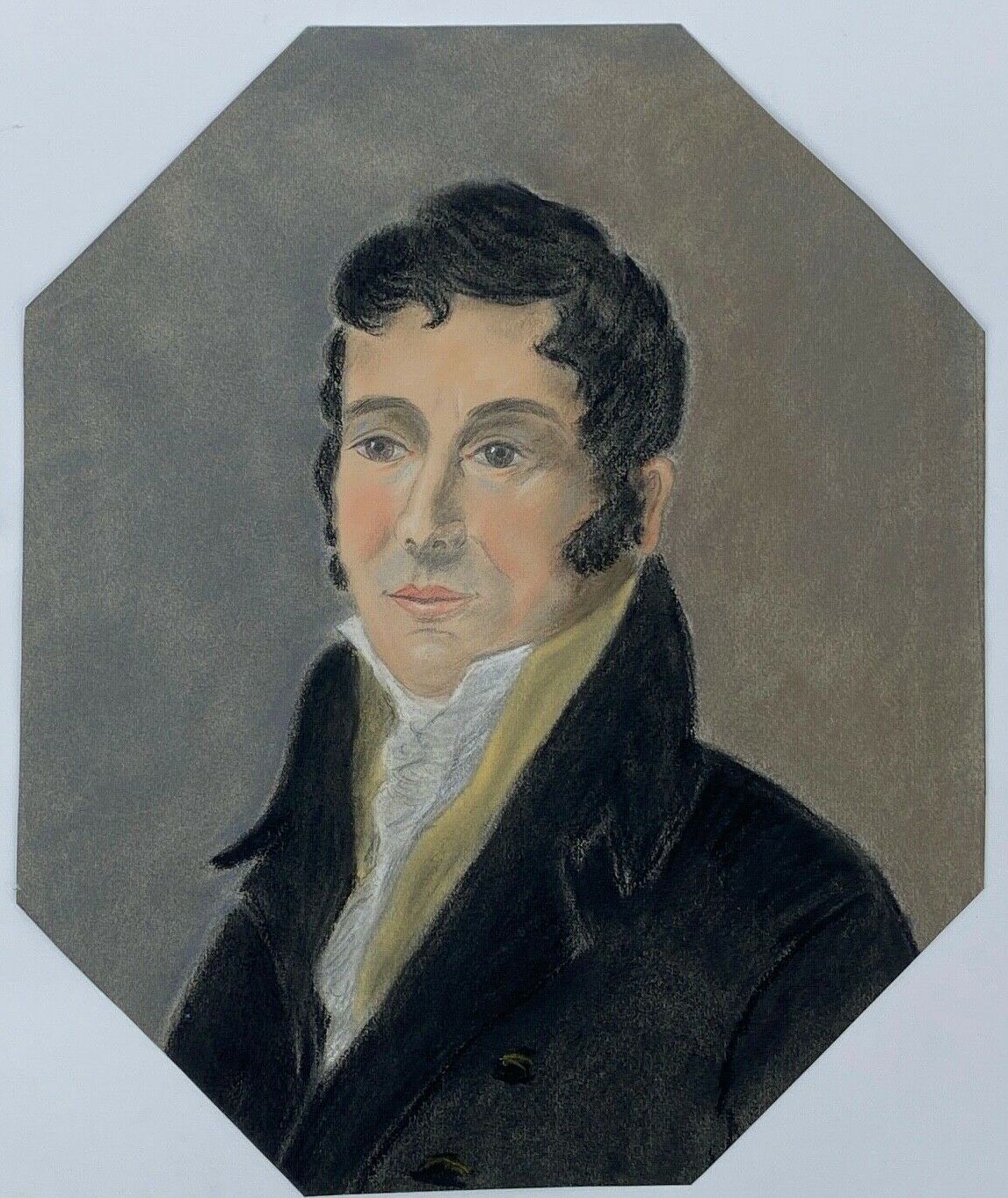 Watercolor on paper portrait man frock coat oval frame dore