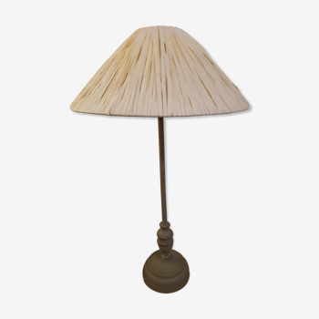 Lampe à poser en fer taupe raphia naturel