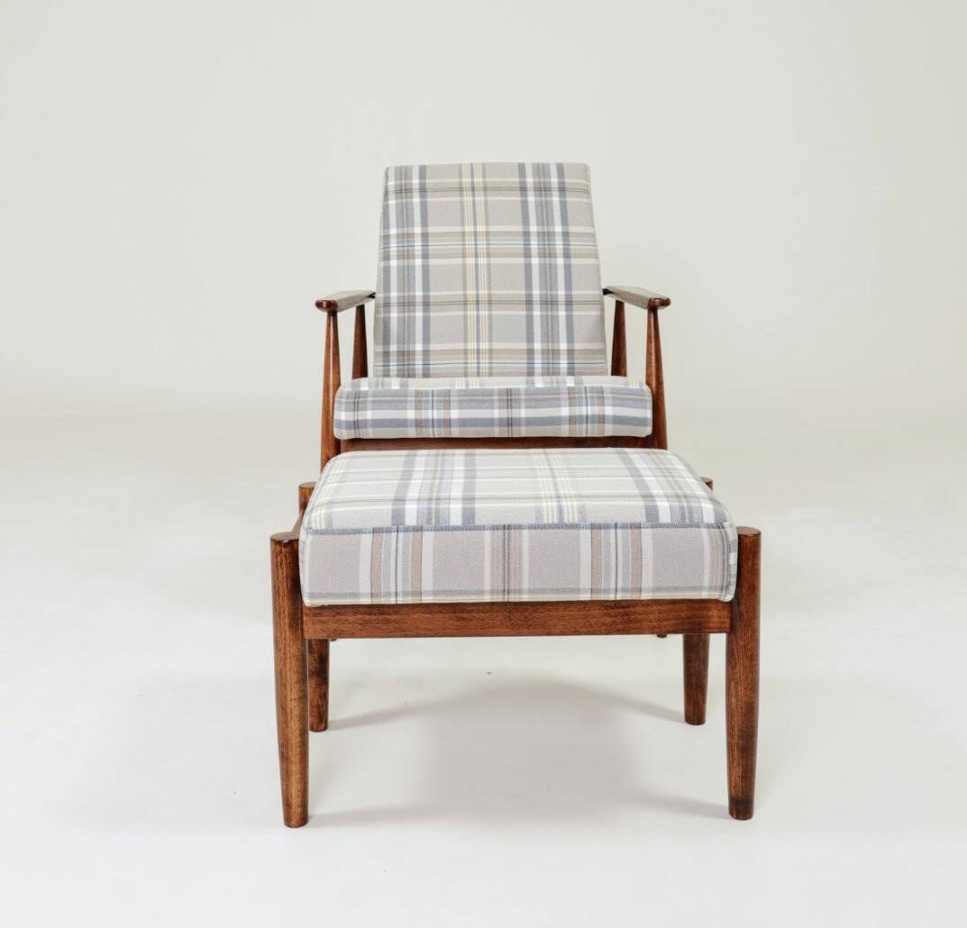 Vintage armchair and footstool in beige blue tartan, modern design