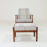 Fauteuil vintage et repose-pieds tartan beige bleu modern design