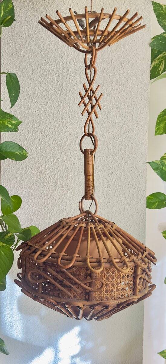 Suspended lamp in bamboo and rattan with chinoiserie details by Louis Sognot, 1950.