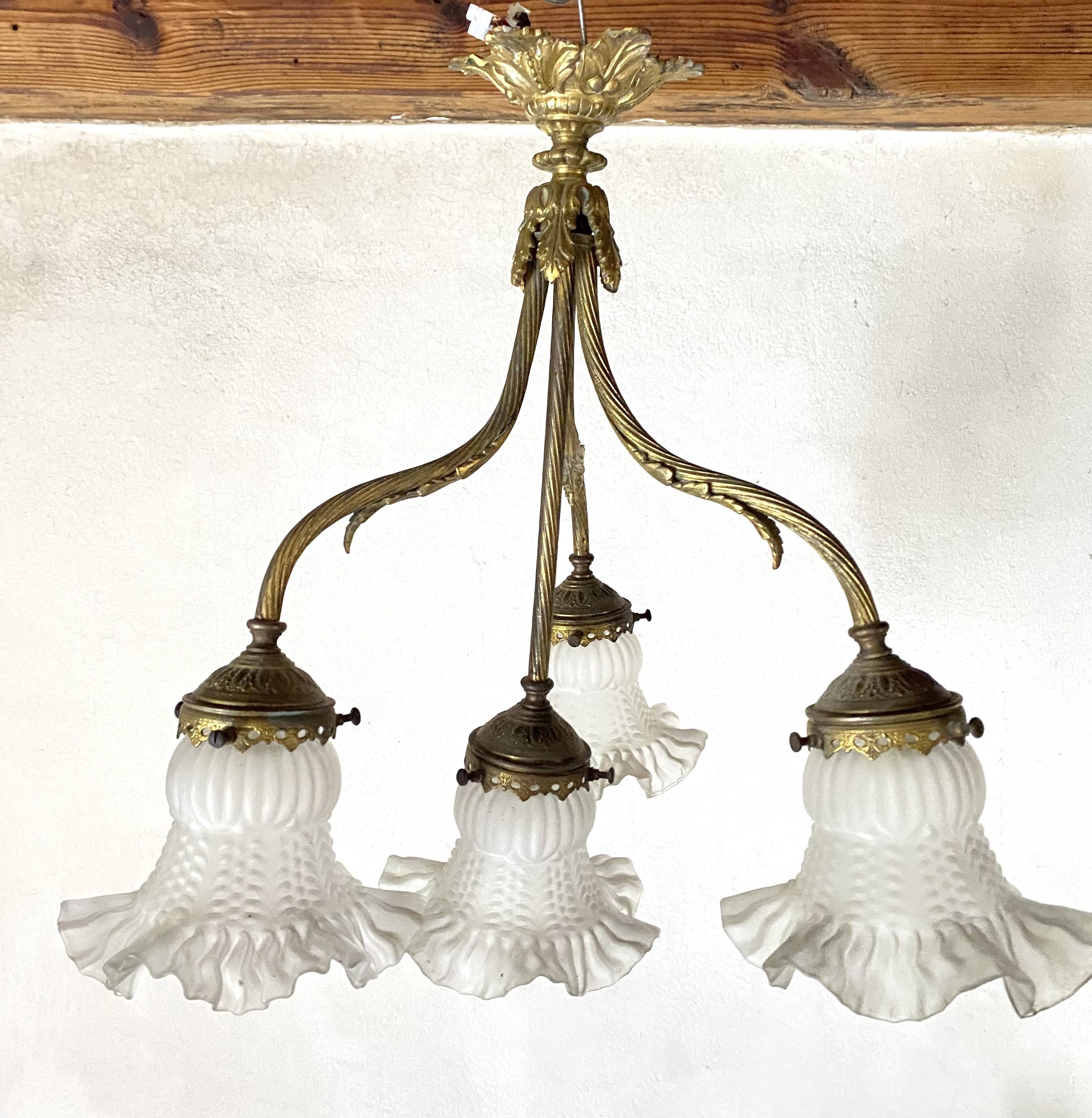 Empire bronze chandelier with 4 lights in glass tulips