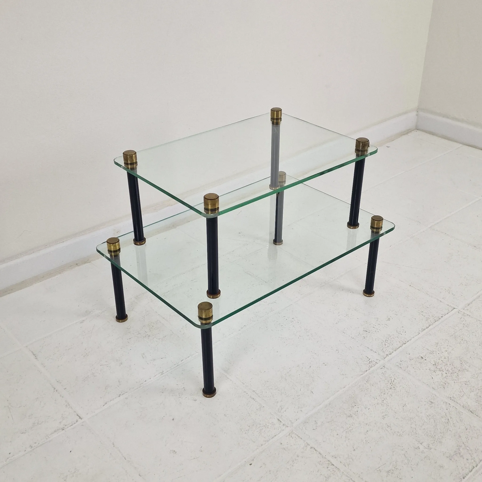French Modernist Glass and Brass Display Tables with 'P. Andrieux', 1930's