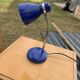 Blue metal desk lamp in mid-century style from the 1970s, chrome stem.
