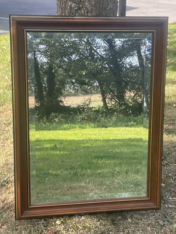 Grand miroir moulure bois nature, réhaut filet or, miroir biseauté, (La Gatvinière)