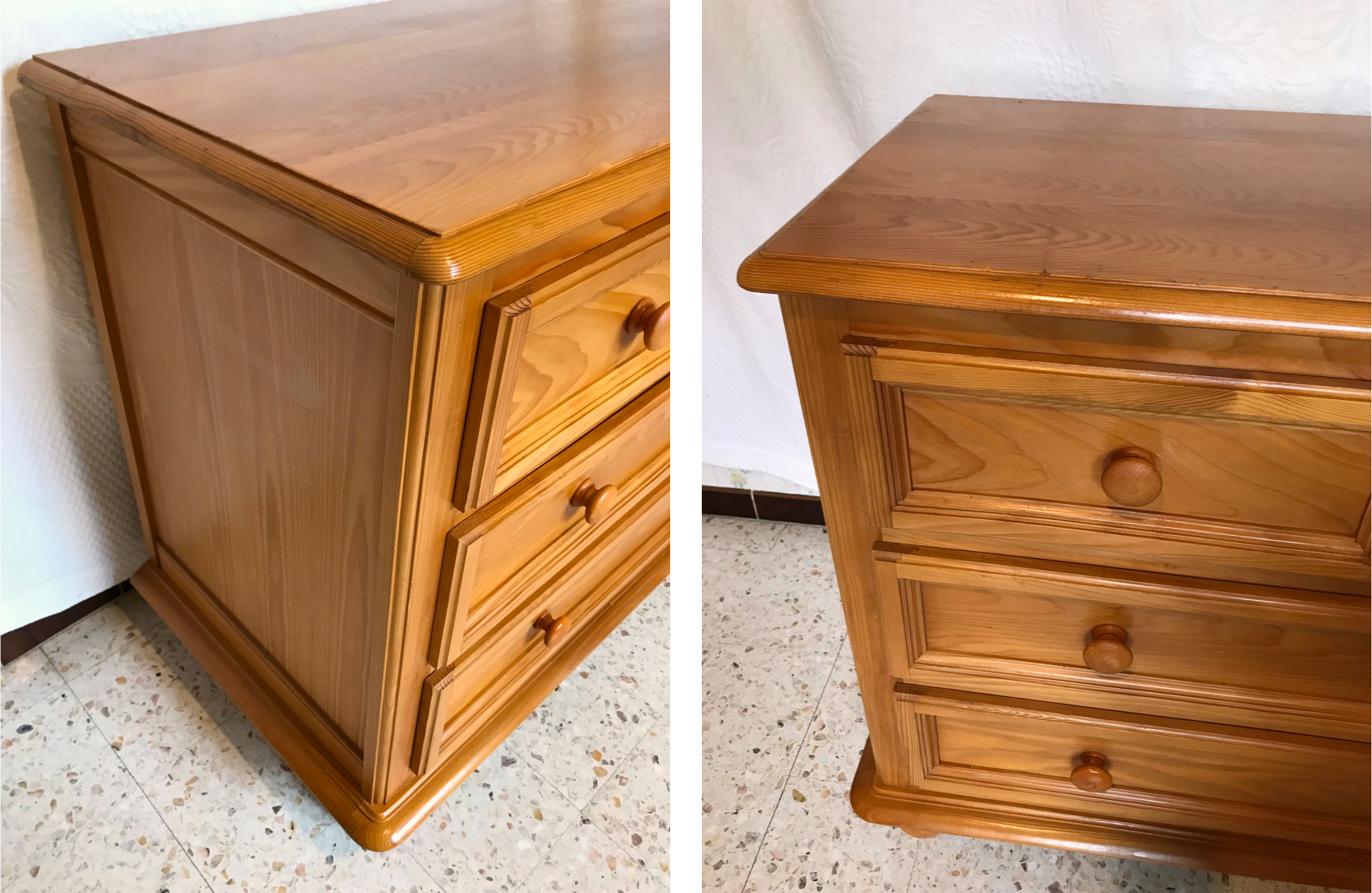 Vintage wooden chest of drawers 3 drawers round buttons country style