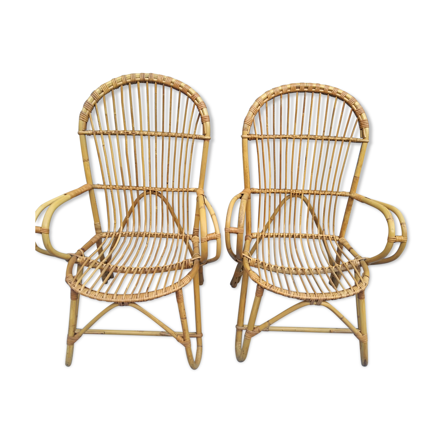 Pair of high-backed rattan armchairs