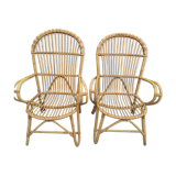 Pair of high-backed rattan armchairs