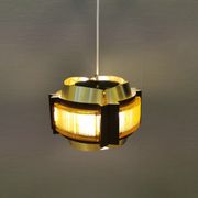 Danish hanging lamp, made in brass colored and brown metal, with yellowish hard pressed plastic deta