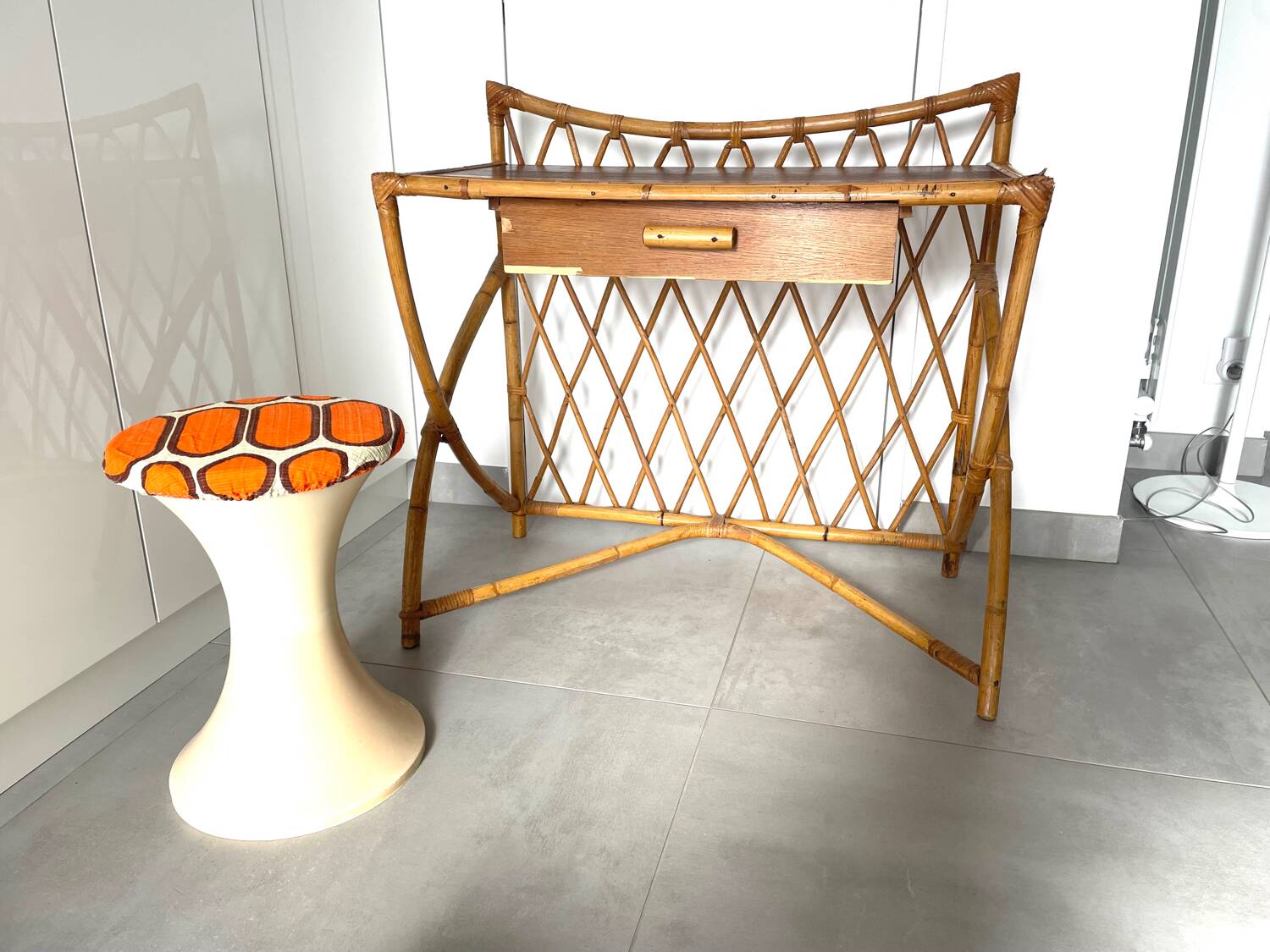 Bamboo and rattan desk and stool