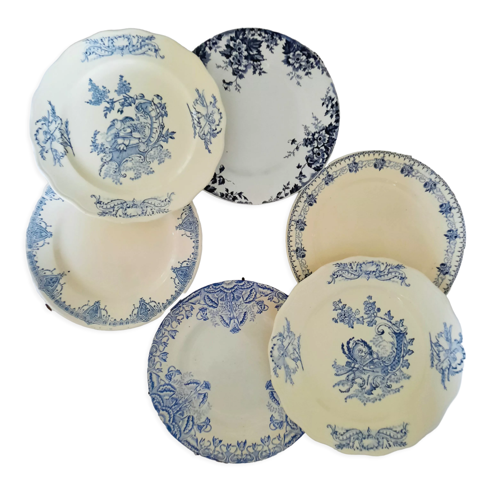 Old flat plates mismatched in earthenware