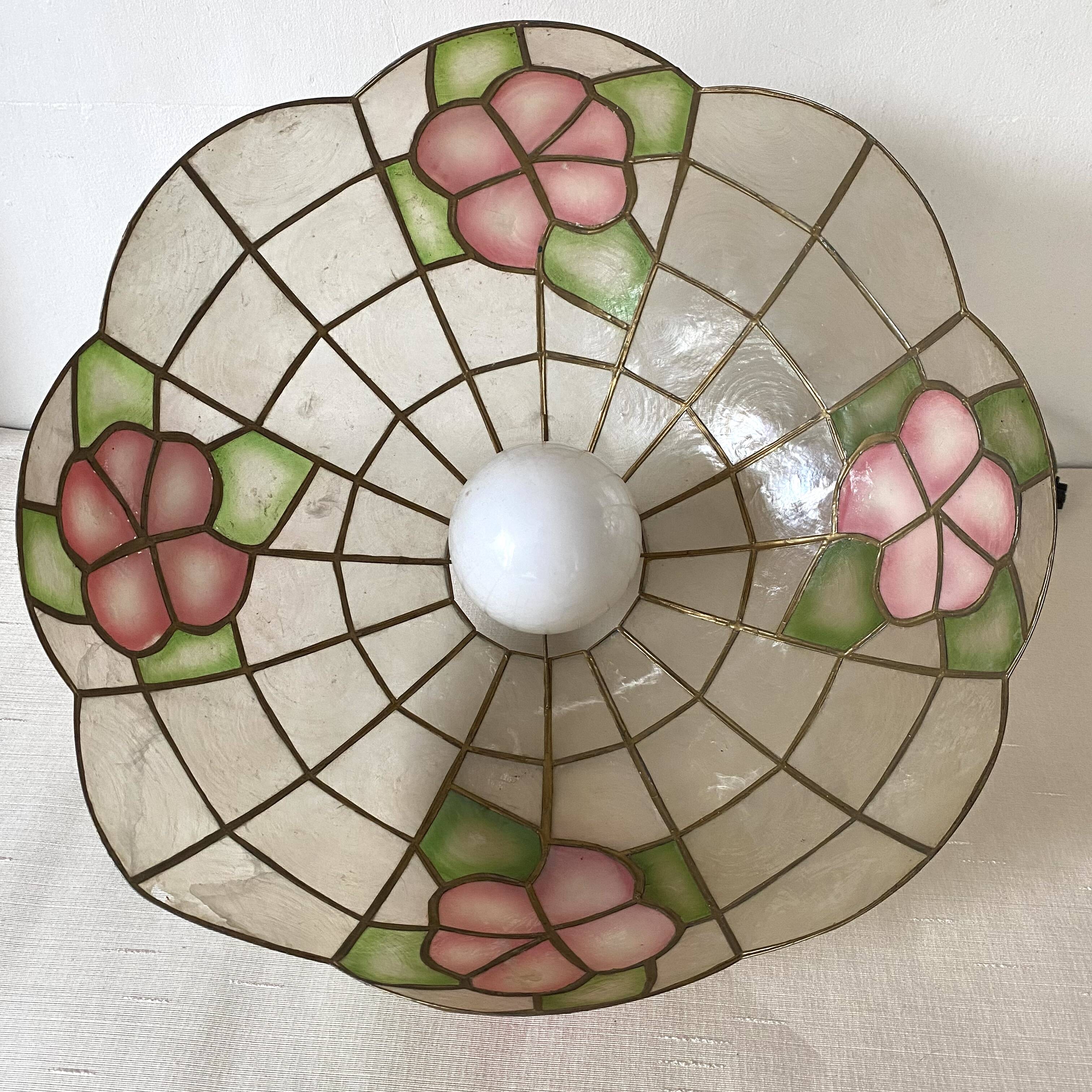 Vintage mother-of-pearl and brass flower pendant light