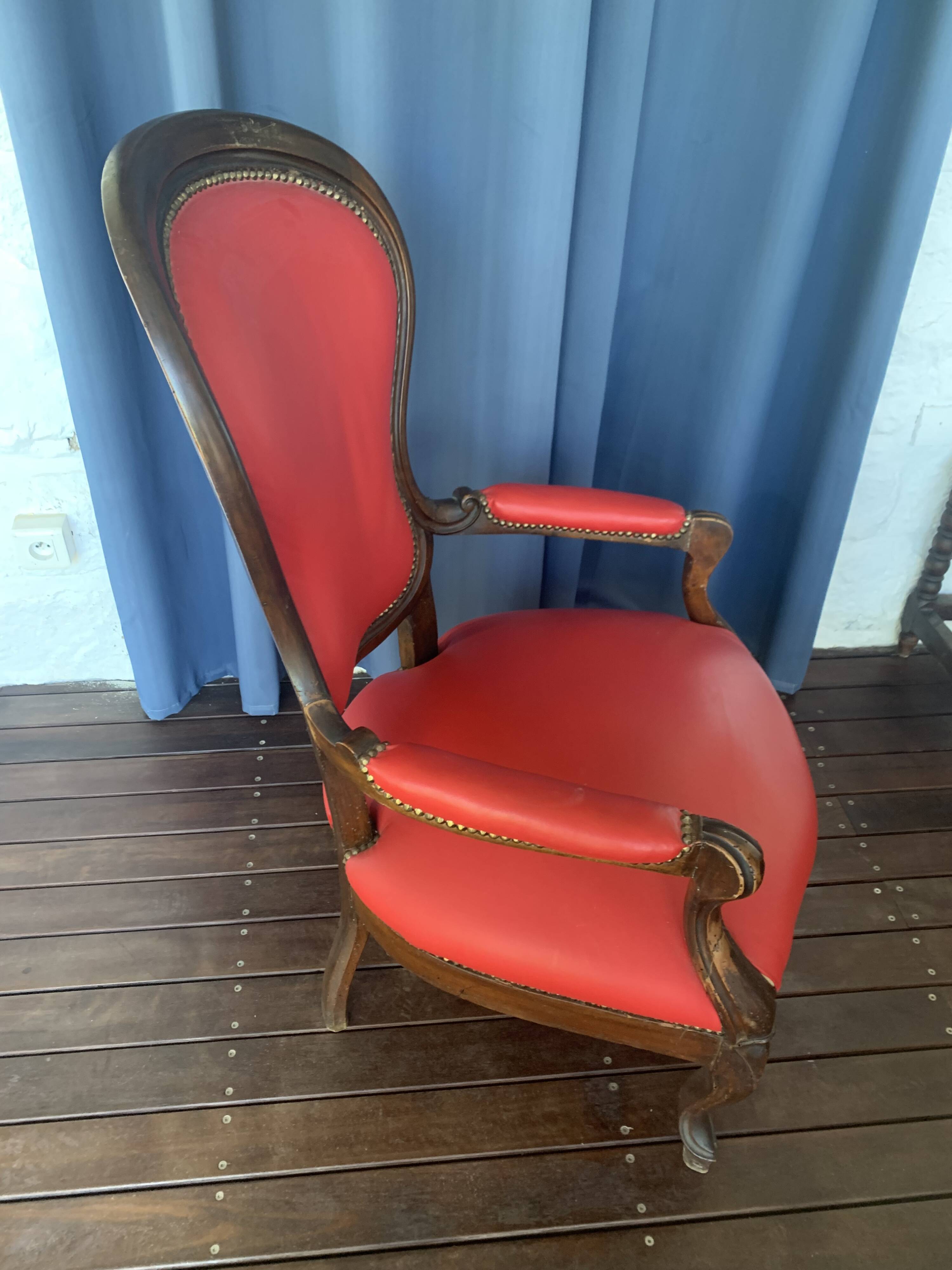 Antique solid wood armchair – Louis XV style – red upholstery, 19th century