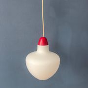 Mid-Century opaline glass suspension with a red upper part and ceiling cover.