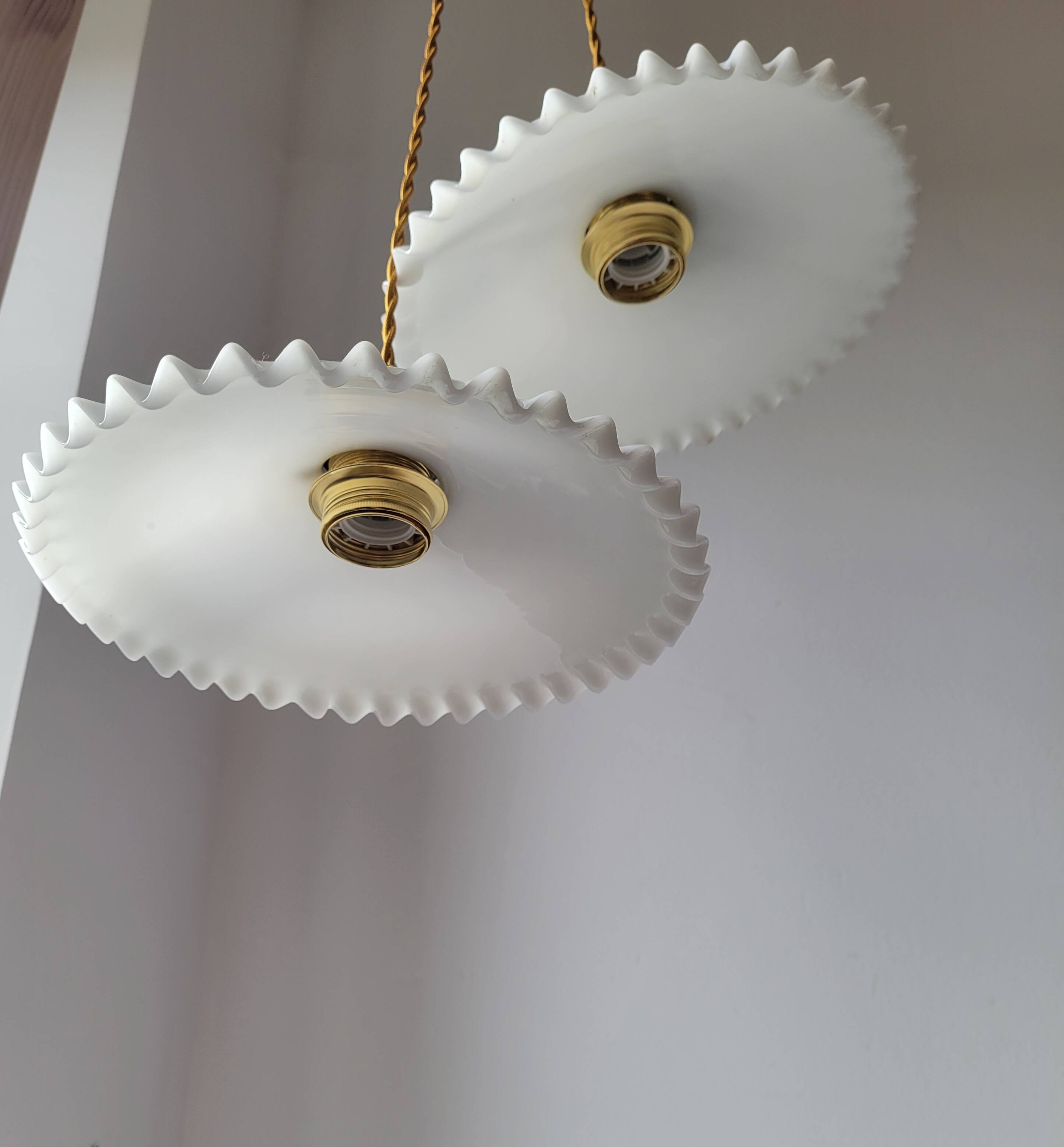 Duo of white opaline pendant lights