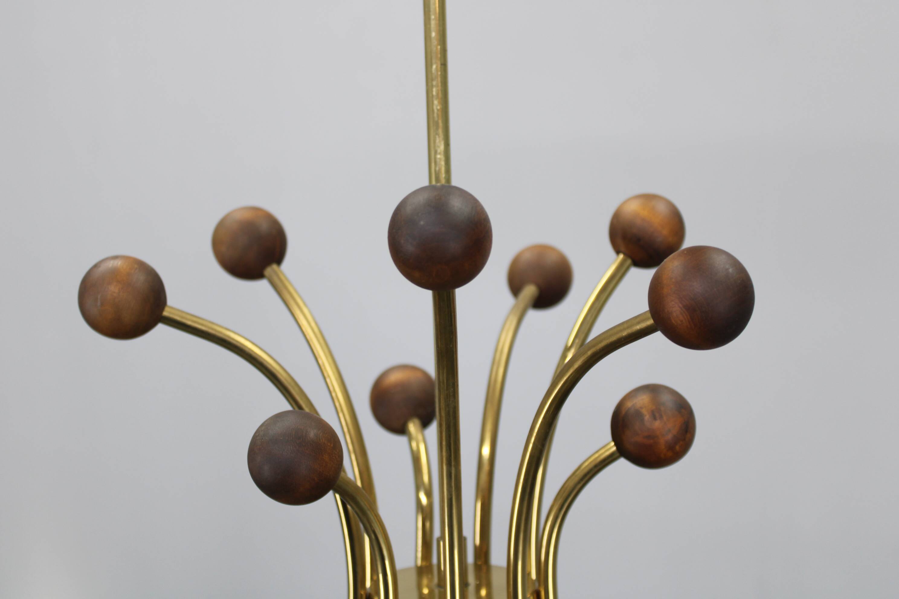 1960s Rupert Nikoll Brass and Teak Opaline Glass Chandelier, Austria