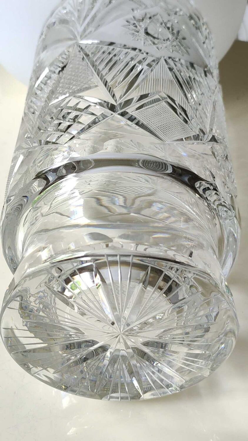 Vintage Bohemian crystal vase, sophisticated, geometric star patterns, high 25 cm
