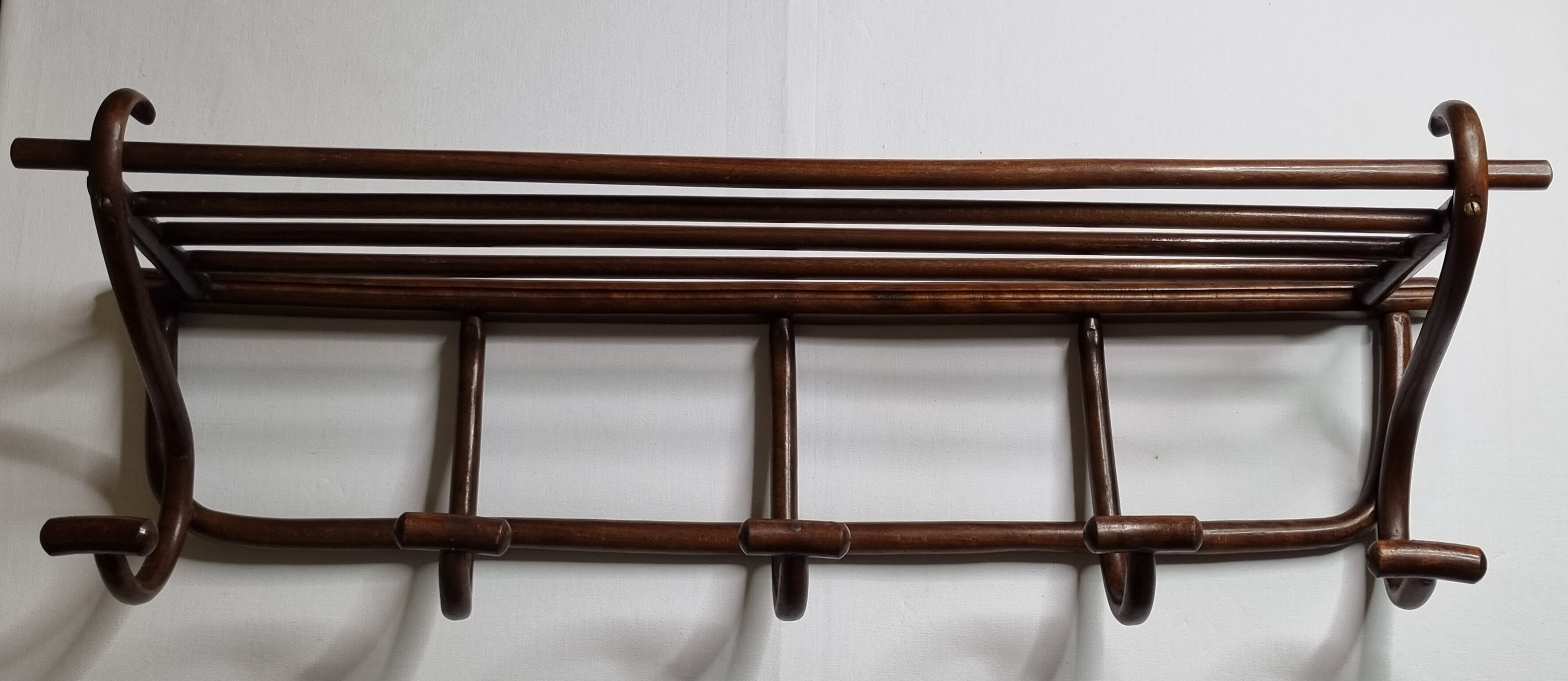 Portemanteau mural en bois courbé ancien 1900, 5 patères et un porte chapeau