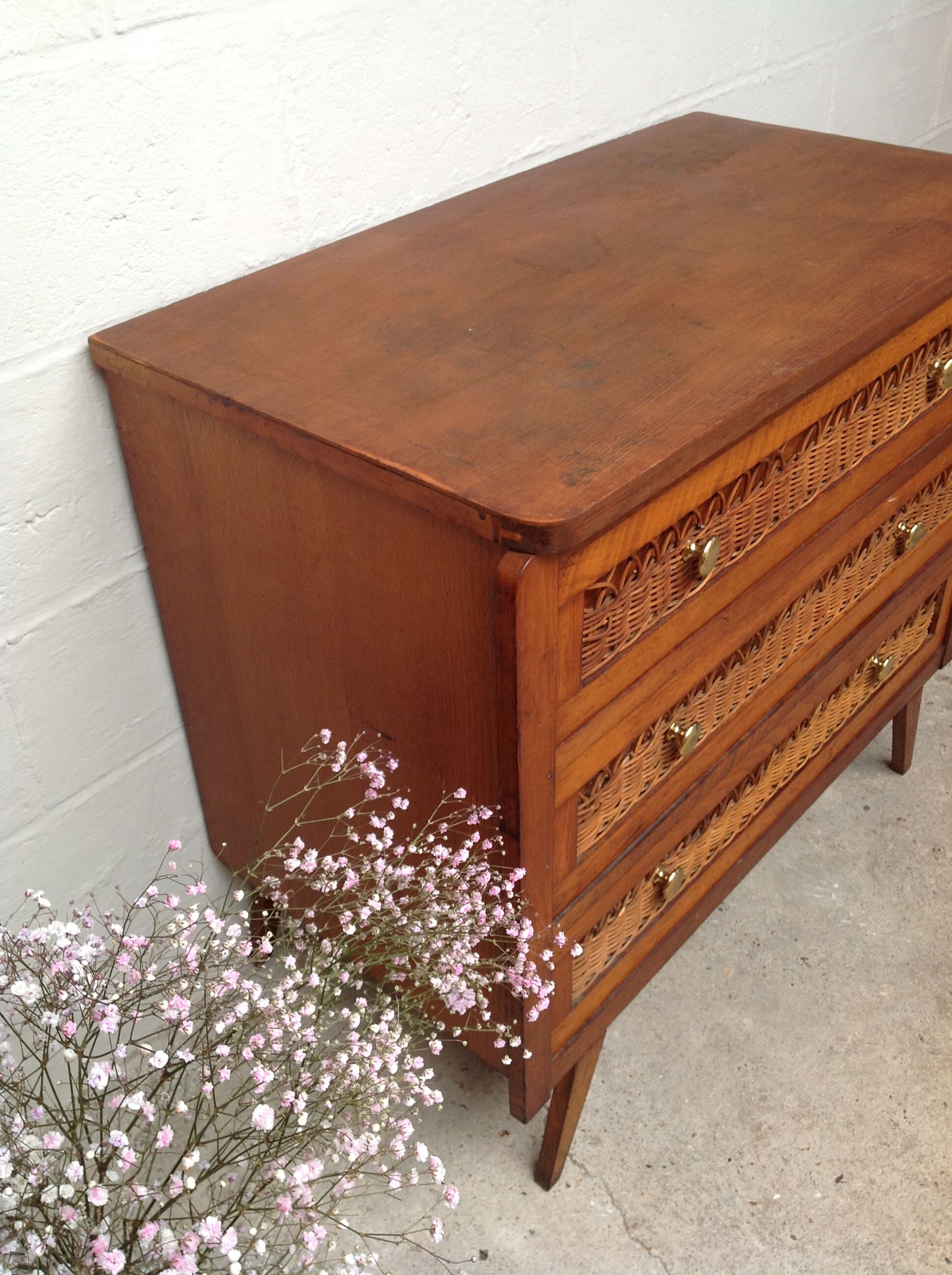 Vintage wooden and rattan dresser