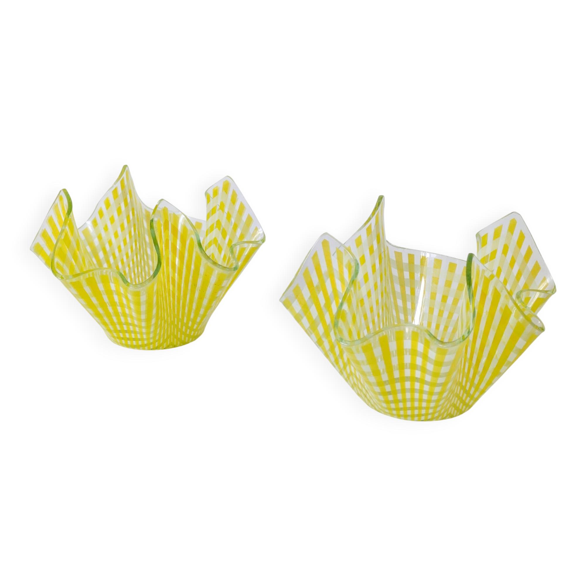 Pair of "Gingham" Chance Brothers cups with yellow checkered pattern and wavy edges.