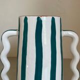 Fir and white green striped ceramic vase with handmade abstract wavy handles