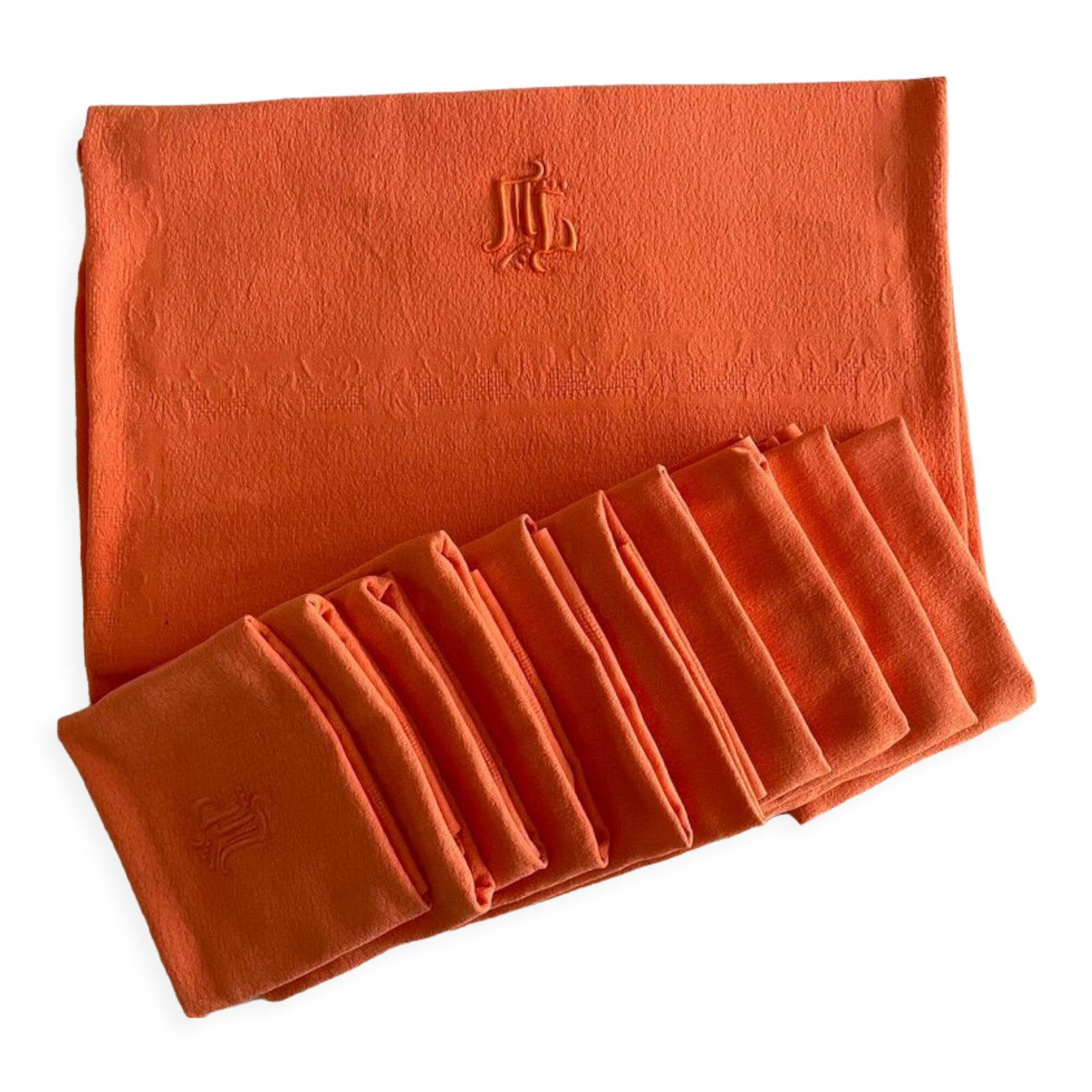 Old tablecloth & its 10 tinted and embroidered napkins "the ML mandarin" orange - cotton - 150x200