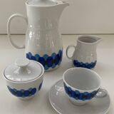 Service of 11 Coffee Cups and Saucers - 70s Design - White and Blue Porcelain