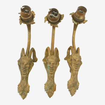 3 old sconces bronze fauna's head