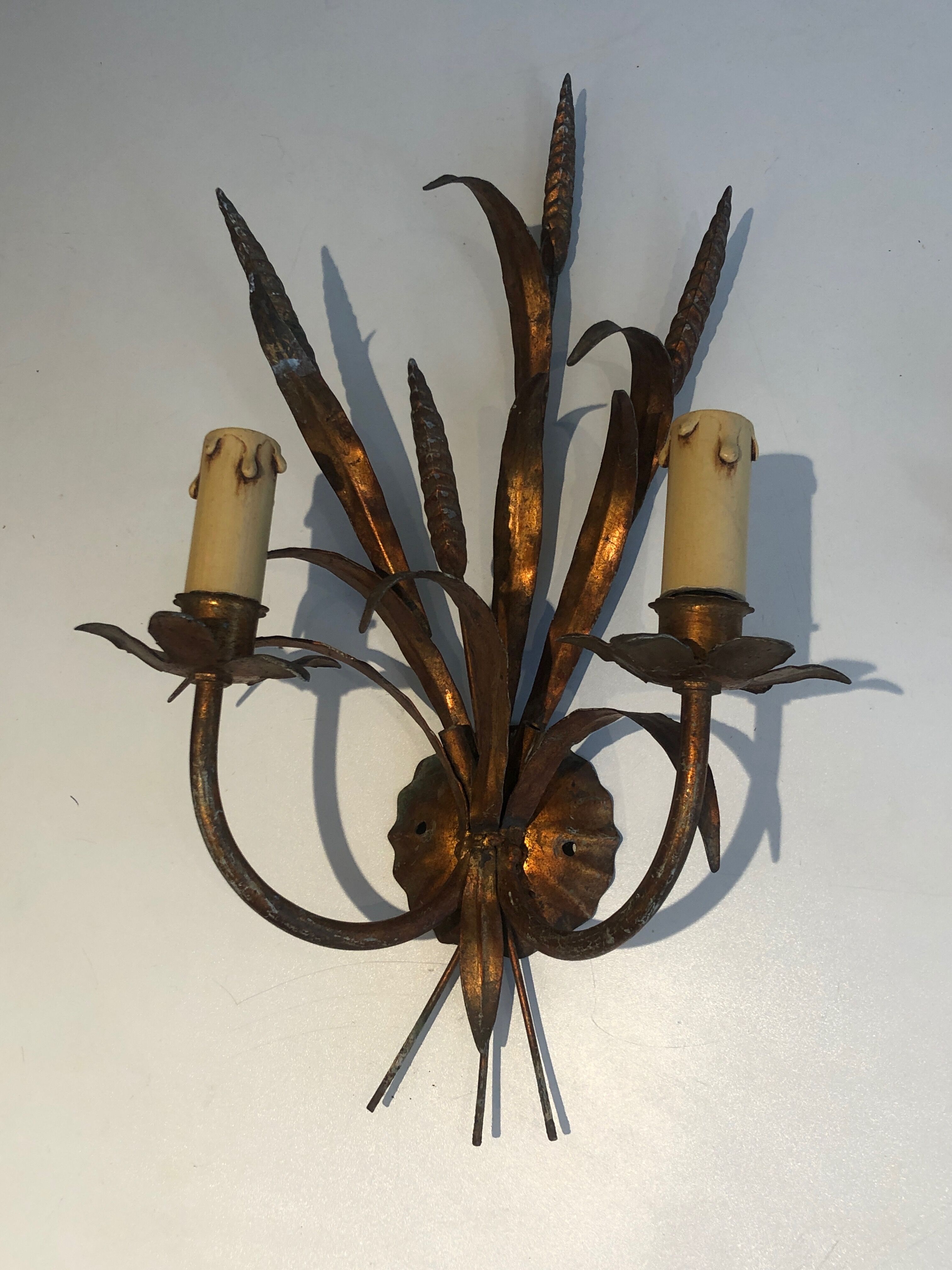 Pair of Coco Channel Style Wall Lamps in Golden Metal with Wheat Epis. French work. Around 1970