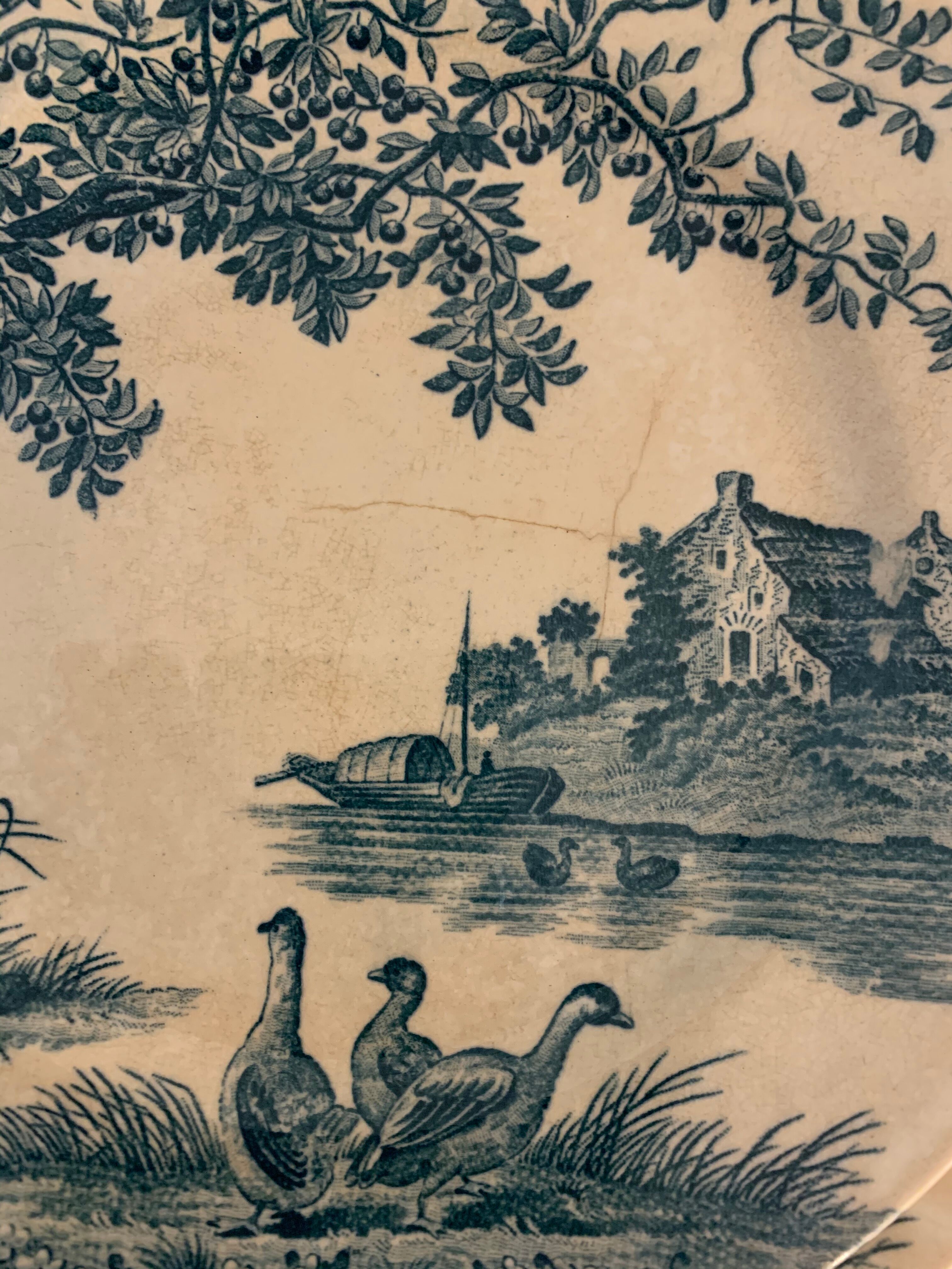 9 dessert plates old chickens, geese and pheasants blue field service Terre de Fer