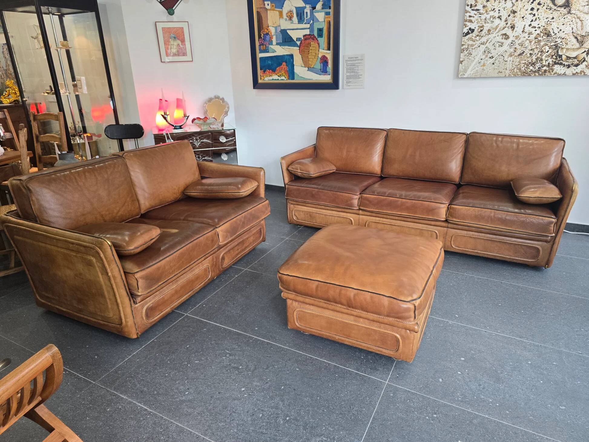 Roche Bobois vintage lounge from the 80s – cognac buffalo leather – 2 sofas + pouf