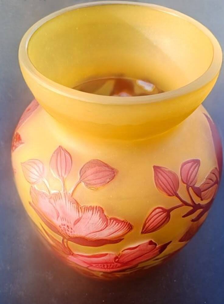 Art Nouveau vase by Émile Gallé - Cameo glass with yellow and pink floral design.