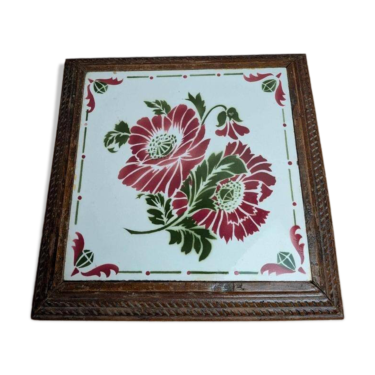 Dessous de plat ancien bois & faïence florale