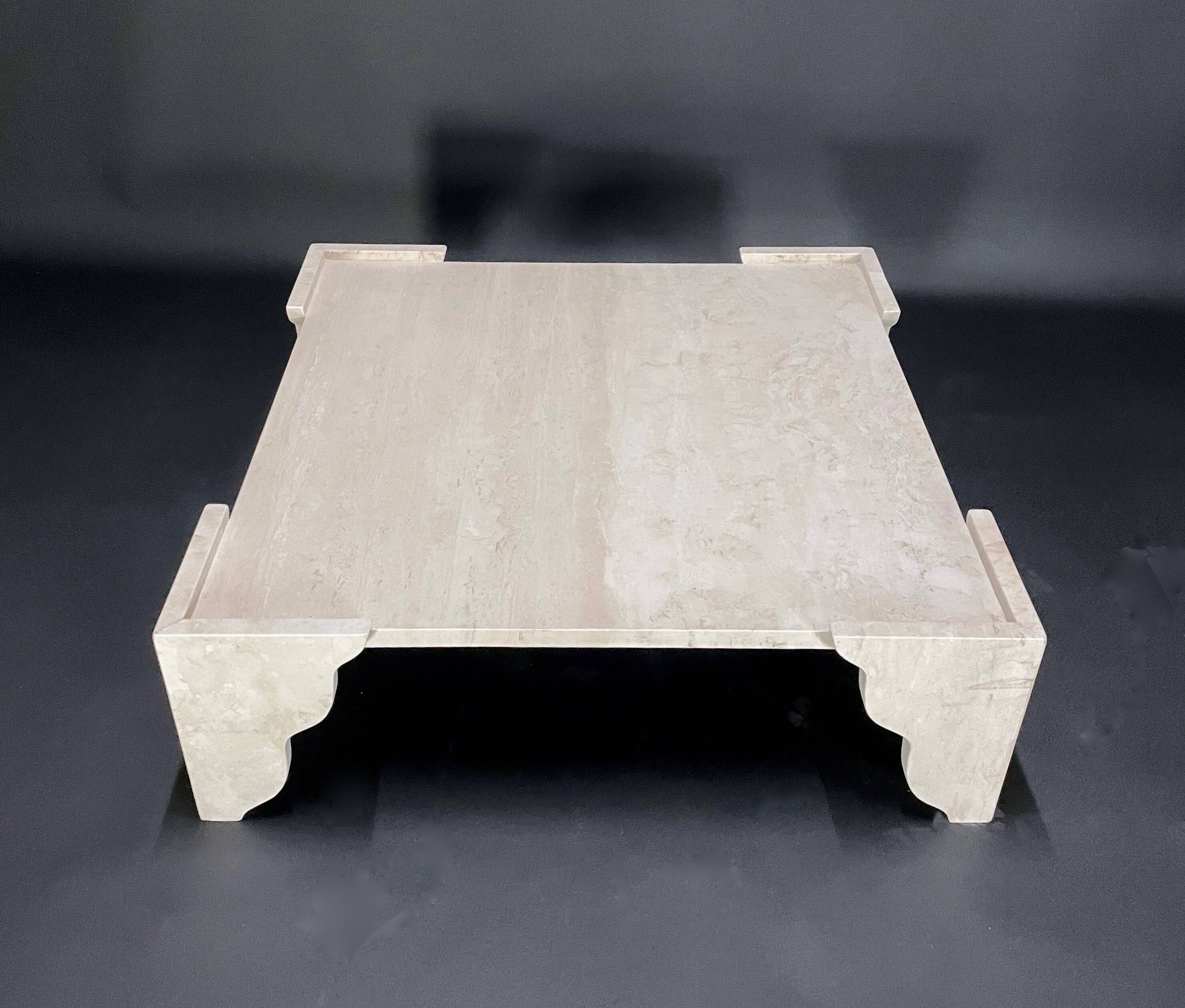 Large square travertine coffee table by Claude Berraldacci. 1990s. France.
