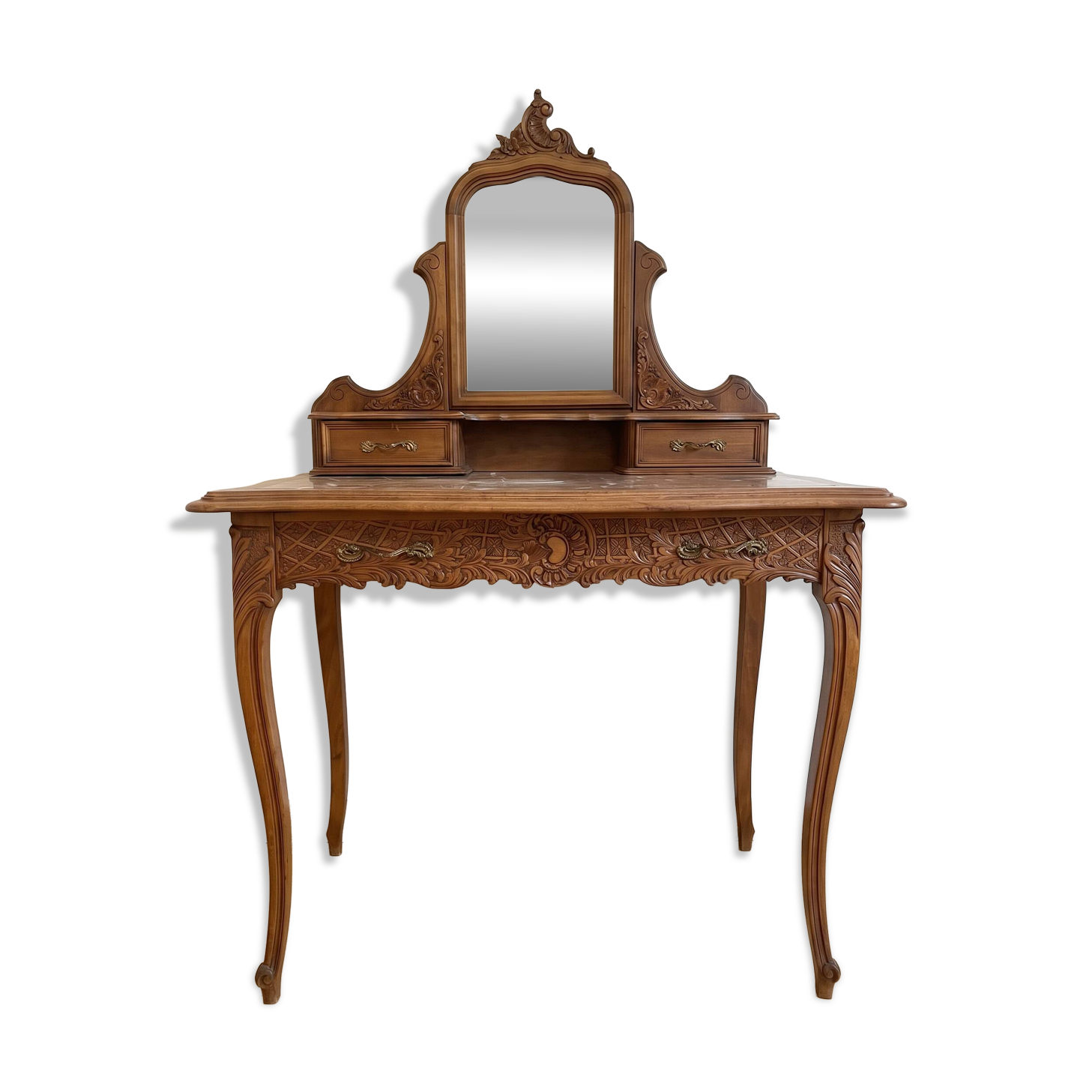 Antique carved wooden dressing table with marble and mirror.