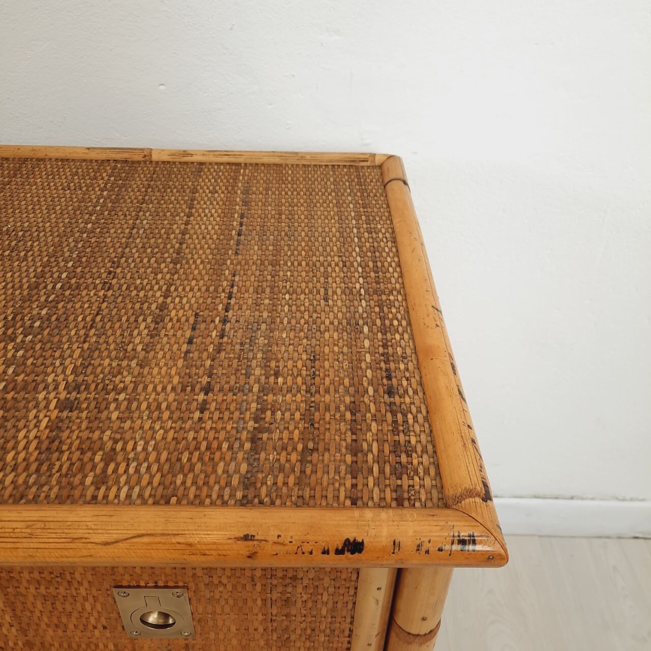 Chest of drawers, dresser, 1960s, Dal vera, bamboo and wicker, brass handles