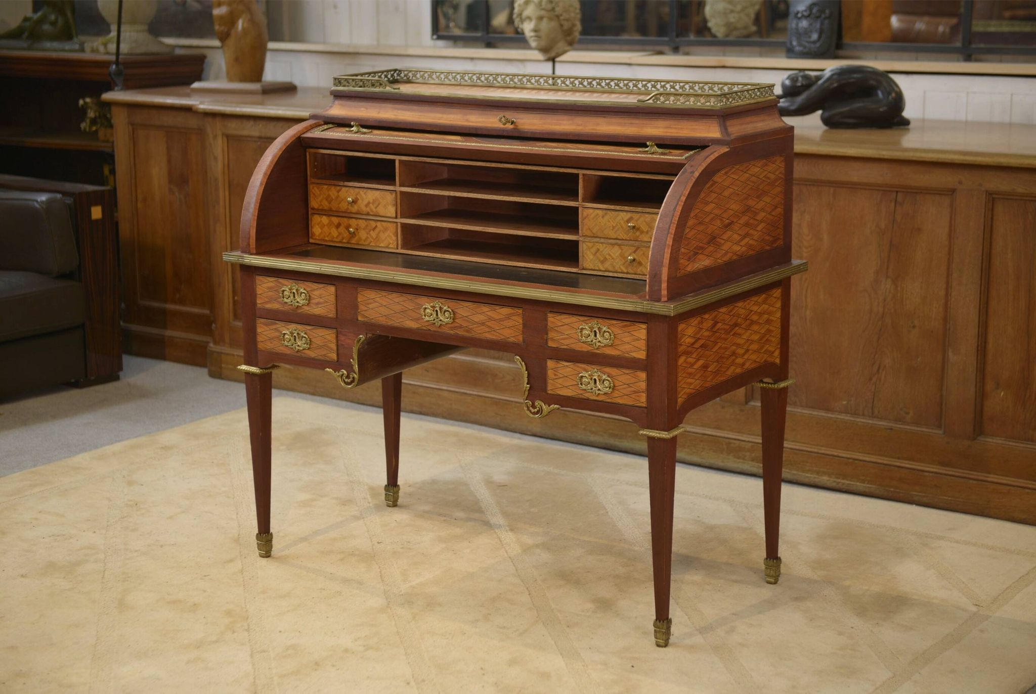 Louis XVI style cylinder desk in marquetry from the Napoleonic III period.