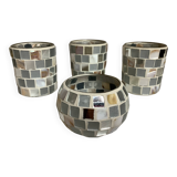 Four mosaic mirror and mother-of-pearl candle holders.