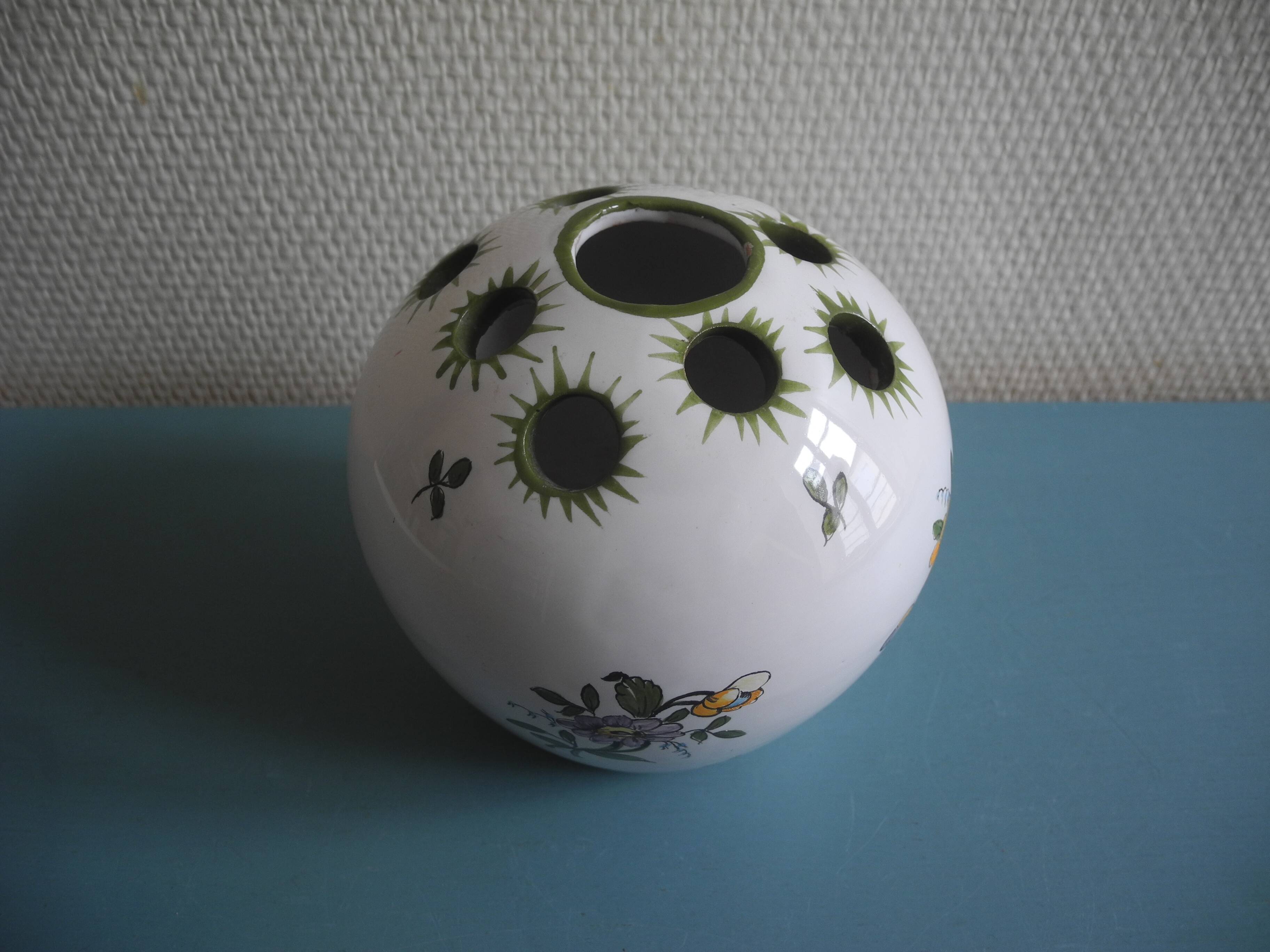 Lallier Moustiers vintage French vase bouquetière with floral decoration in faience.