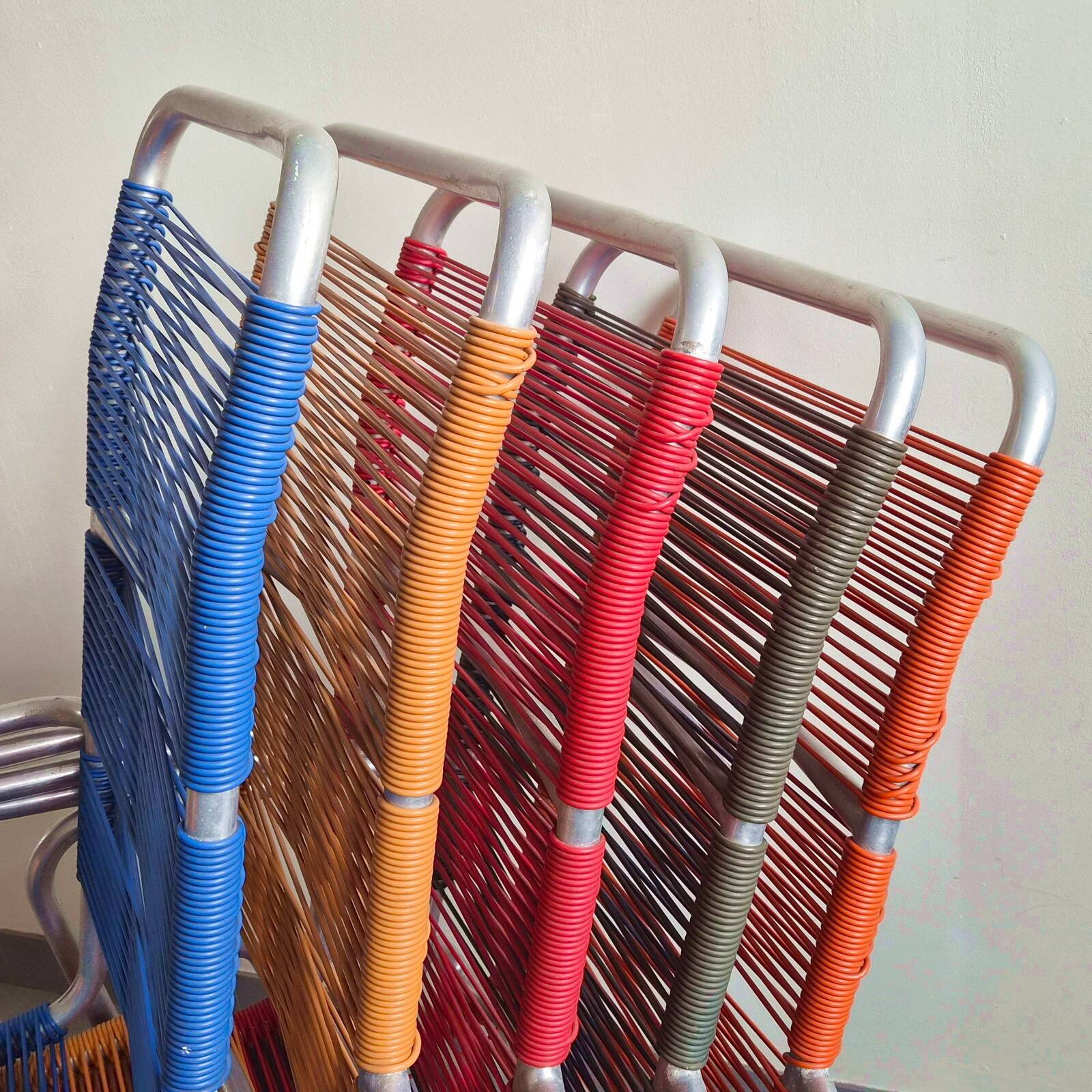 Set of 5 vintage scoubidou armchairs 1950 in aluminium & plastic wire 50