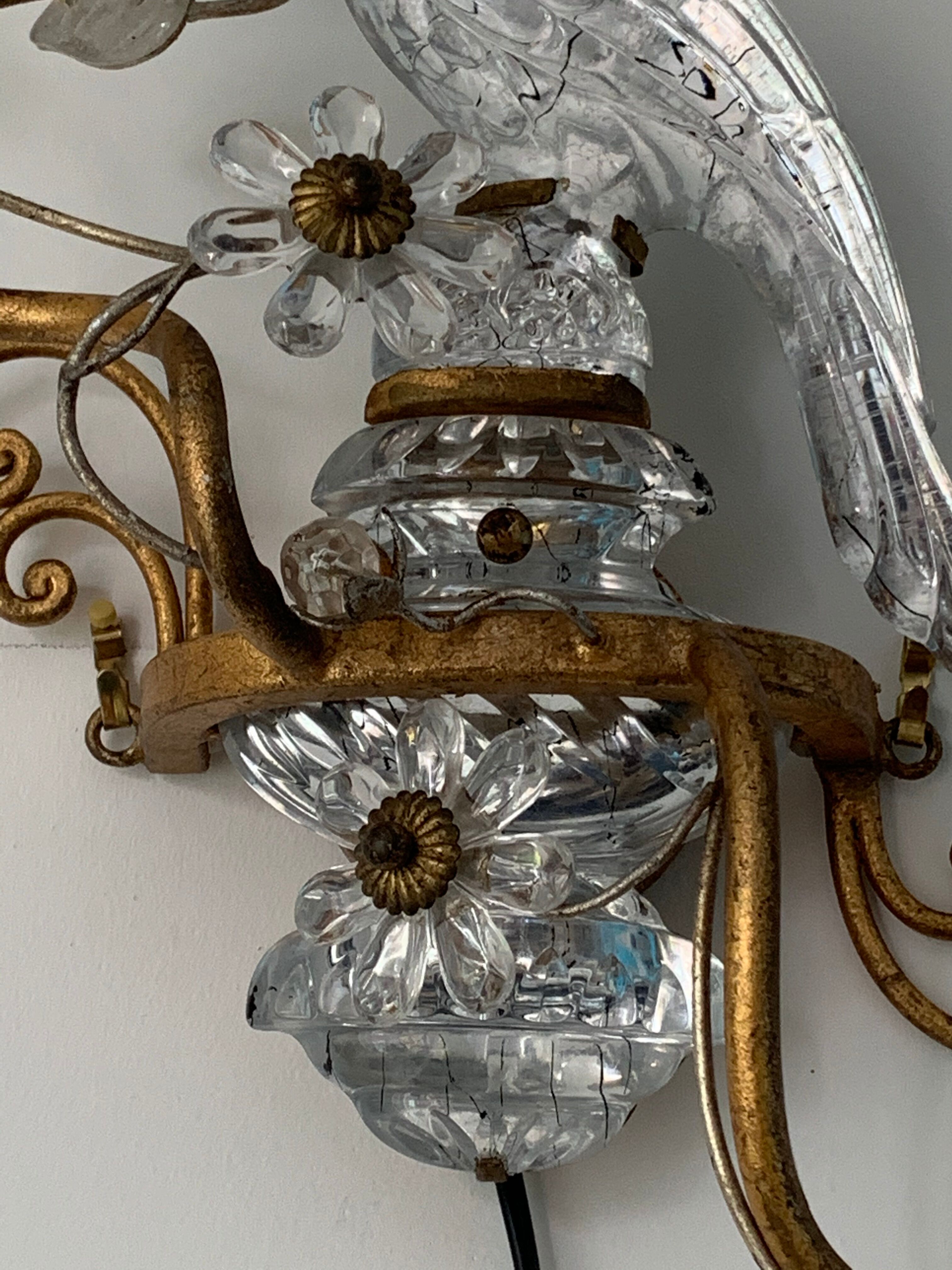 Pair of parrot crystal or parakeet wall sconces Maison Baguès 1950