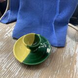 Coquetier en céramique émaillée bicolore vert et jaune vintage 1950