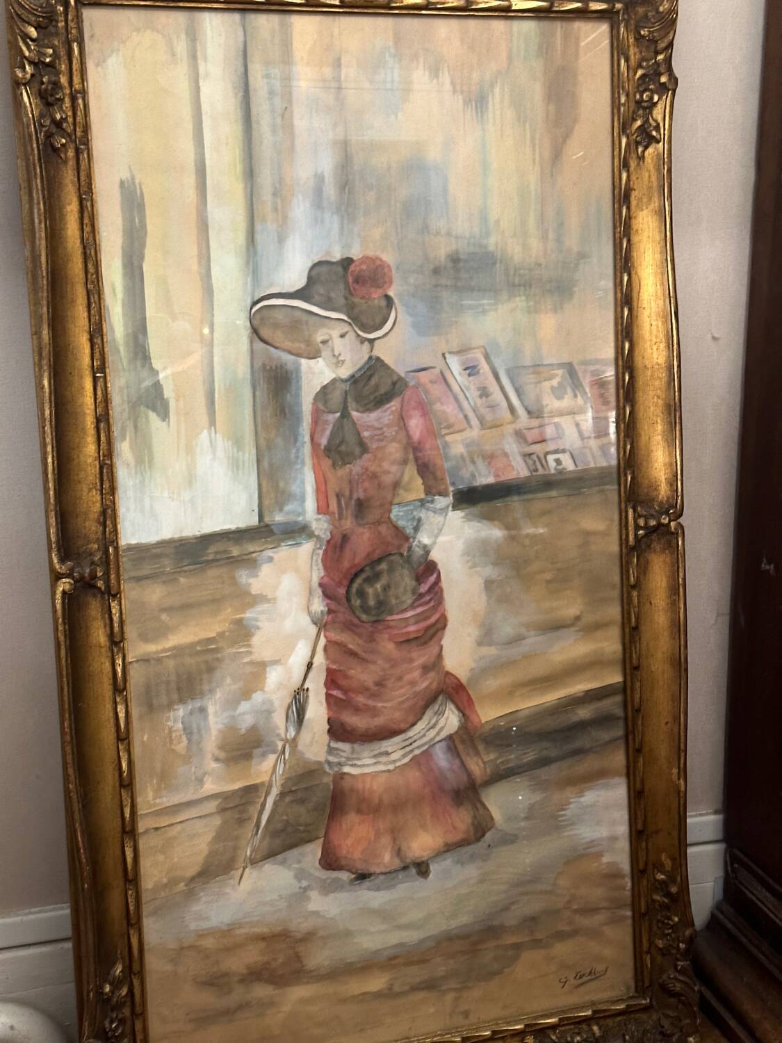 Large Framed Watercolor - An Elegant Woman - Signed 1900s