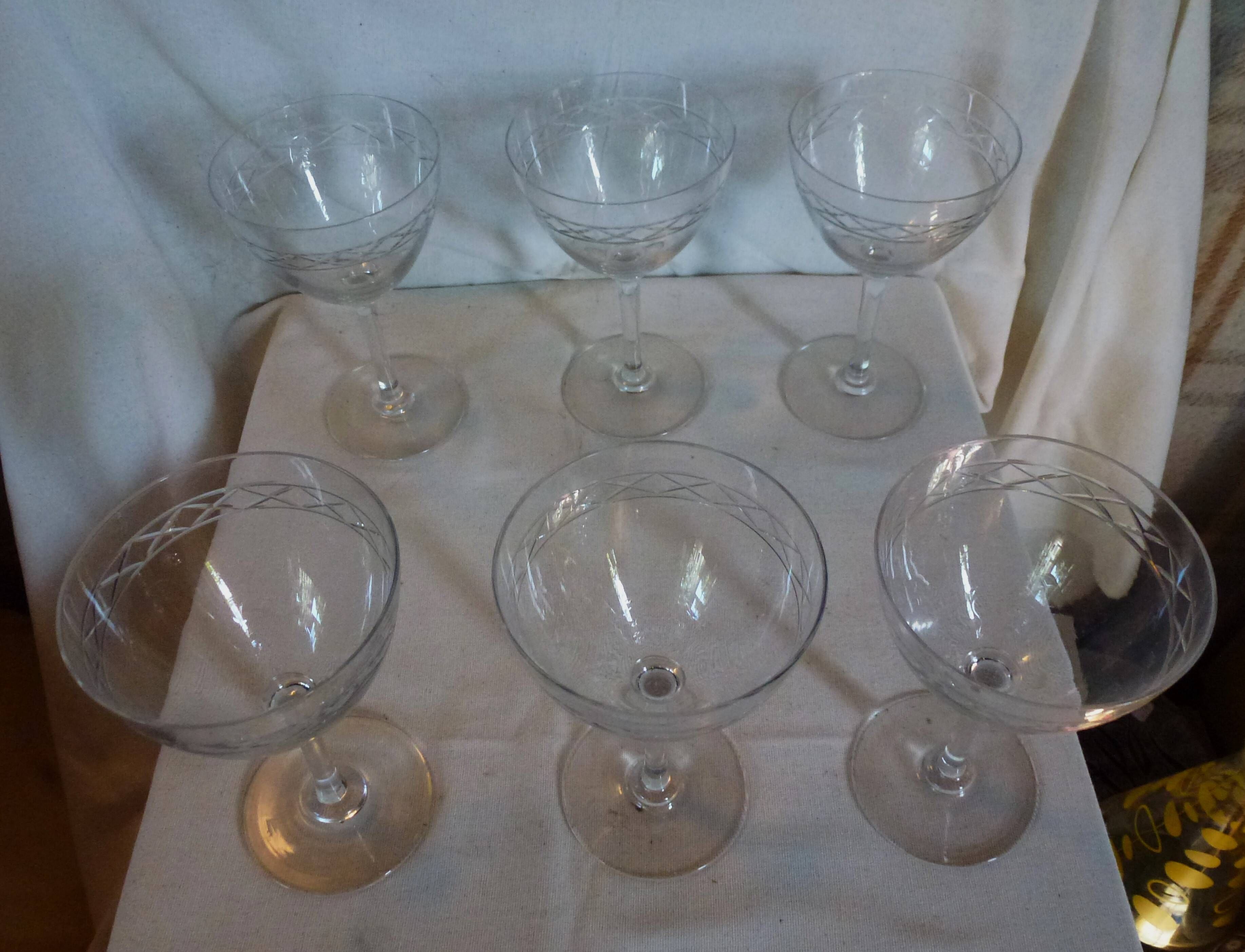 Set of 6 vintage engraved crystal champagne glasses